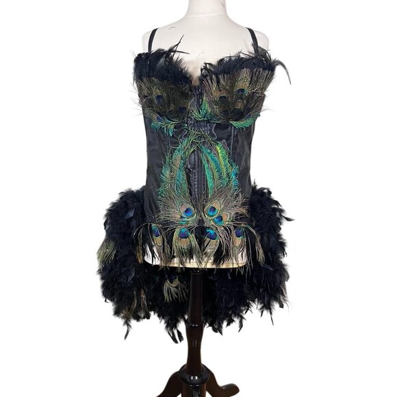 Fantasy Masquerade Peacock Feather Corset Dress Burlesque Gothic Steampunk Hi Lo - Picture 1 of 16